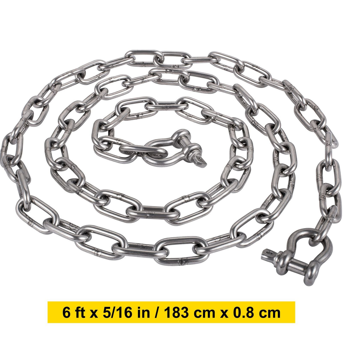 Anchor Chain, 6' x 5/16" 316 Stainless Steel Chain, 3/8" Anchor Chain Shackle, 7120lbs Anchor Lead Chain Breaking Load, 9460lbs Anchor Chain Shackle Breaking Load, Anchor Chain for Small Boats