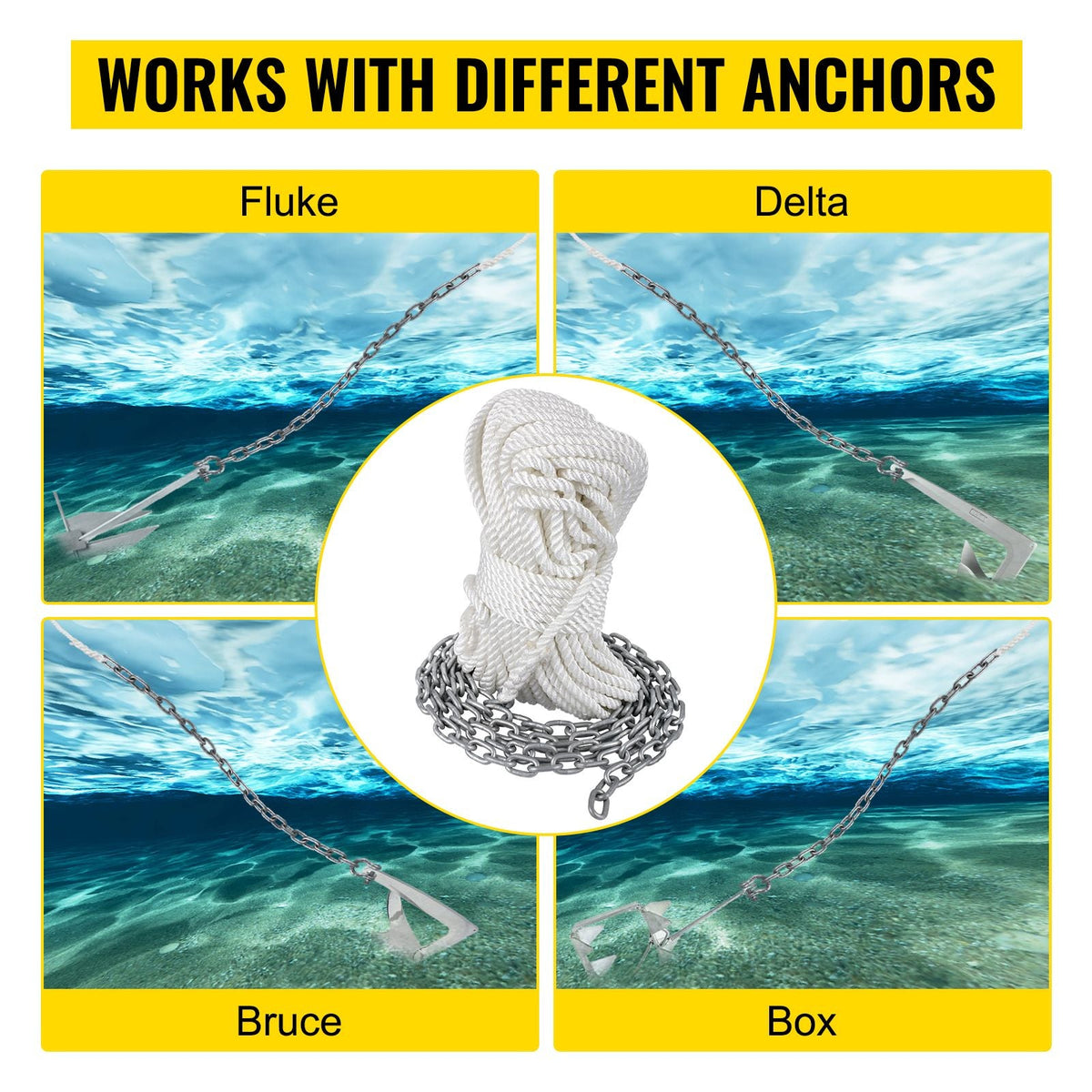 Anchor Rode and Chain, 15' x 5/16" Boat Anchor Chain, 1/2" x 200' Nylon Rope, 2.2T Chain Tension Galvanized Steel Chain, Windlass-Grade Three Strand Twist Nylon, Anchor Chain for Boats, Ships