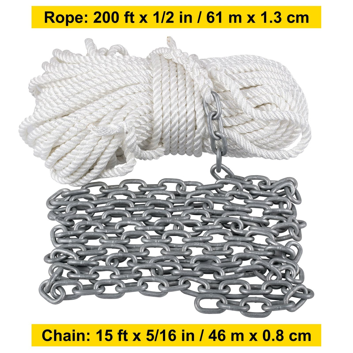 Anchor Rode and Chain, 15' x 5/16" Boat Anchor Chain, 1/2" x 200' Nylon Rope, 2.2T Chain Tension Galvanized Steel Chain, Windlass-Grade Three Strand Twist Nylon, Anchor Chain for Boats, Ships