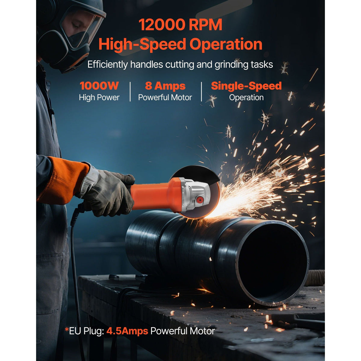 Angle Grinder, 4-1/2" Electric Grinder Power Tool, 8Amps 12000RPM High-Speed Corded Angle Grinders with 230° Adjustable Dust Guard for Metal Grinding, Cutting, Rust Removal (Disc Not Included)