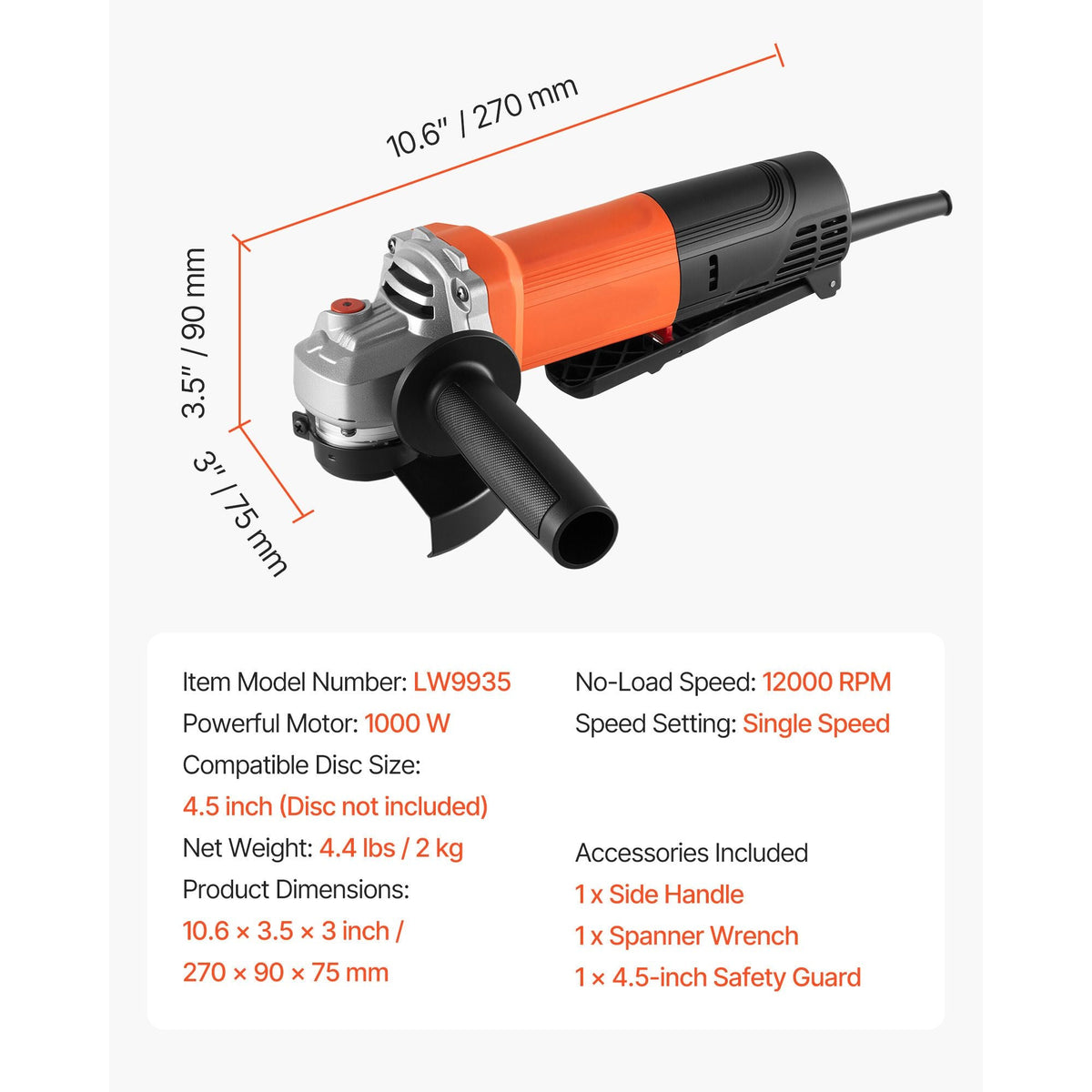 Angle Grinder, 4-1/2" Electric Grinder Power Tool, 8Amps 12000RPM High-Speed Corded Angle Grinders with 230° Adjustable Dust Guard for Metal Grinding, Cutting, Rust Removal (Disc Not Included)