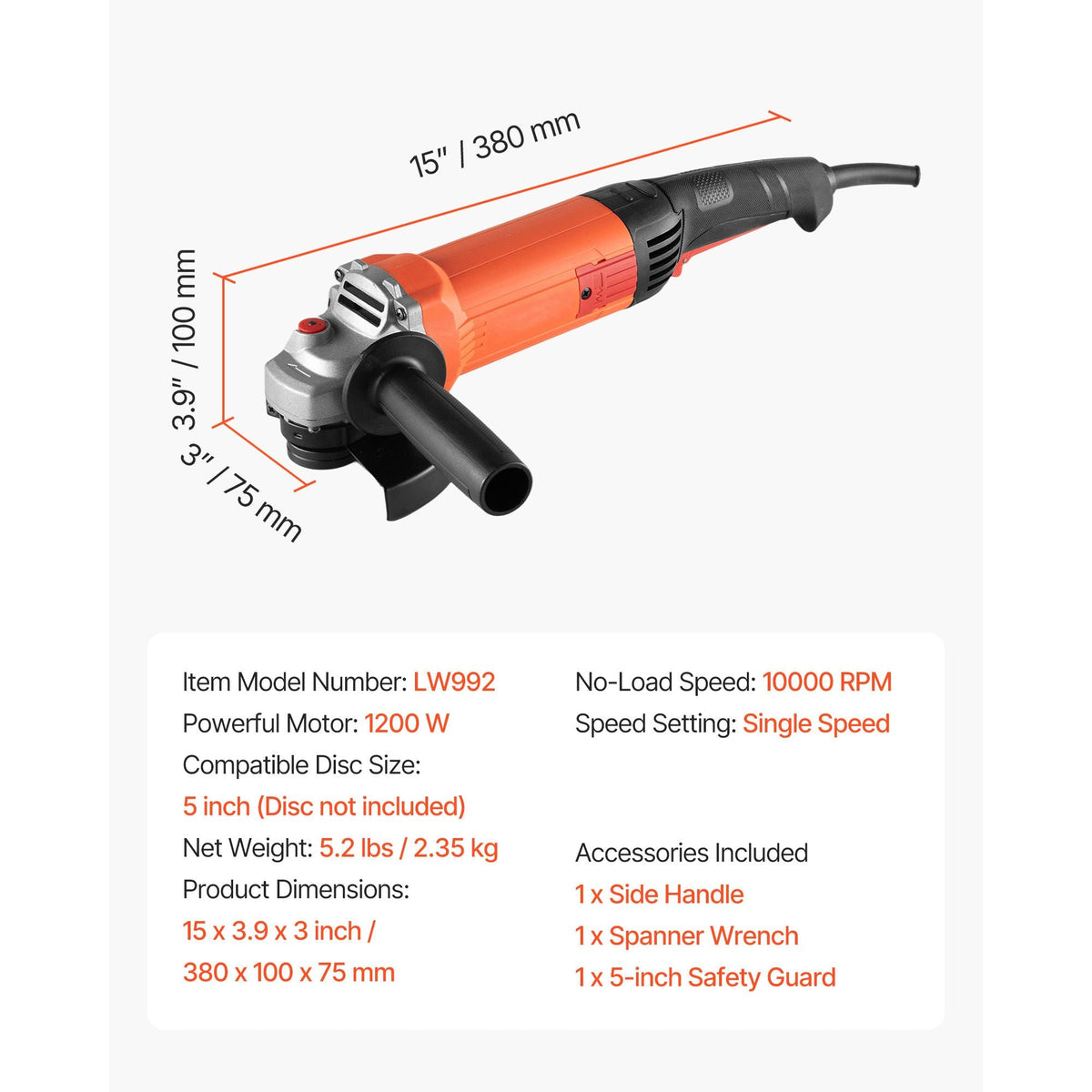 Angle Grinder, 5" Electric Grinder Power Tool, 10Amps 10000RPM High-Speed Corded Angle Grinders with 230° Adjustable Dust Guard for Metal Grinding, Cutting, Rust Removal (Disc Not Included)