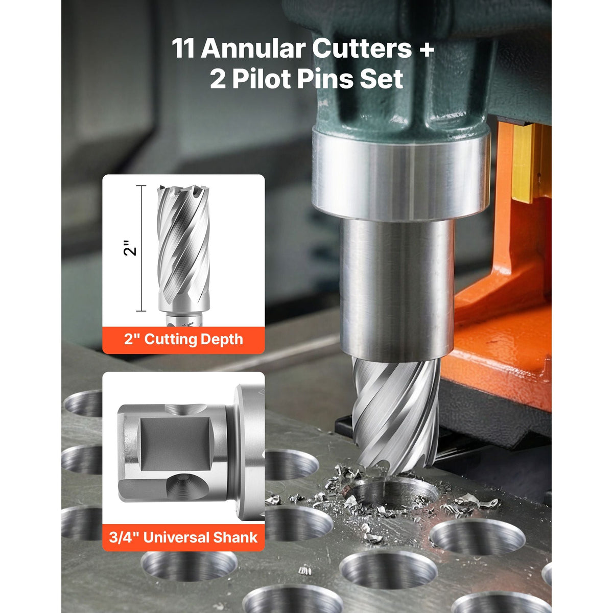 Annular Cutter Set, 13 pcs Universal Shank Mag Drill Bits Kit, 2" Cutting Depth, 7/16" to 1-1/16" Cutting Diameter, HSS, 11 Drill Bits with 2 Pilot Pins, Plastic Case, for Magnetic Drills, Steel