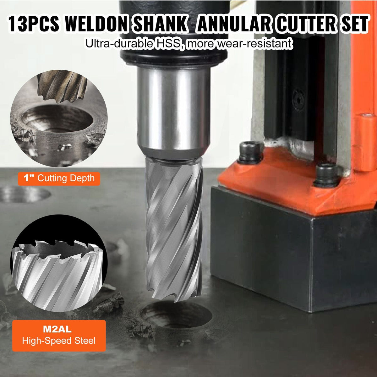 Annular Cutter Set, 13 pcs Weldon Shank Mag Drill Bits, 7/16" to 1-1/16" Cutting Diameter, 1" Cutting Depth, M2AL HSS, 2 Pilot Pins, Hex Wrench and Portable Case, for Using with Magnetic Drills