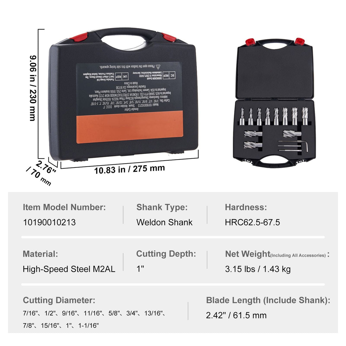 Annular Cutter Set, 13 pcs Weldon Shank Mag Drill Bits, 7/16" to 1-1/16" Cutting Diameter, 1" Cutting Depth, M2AL HSS, 2 Pilot Pins, Hex Wrench and Portable Case, for Using with Magnetic Drills