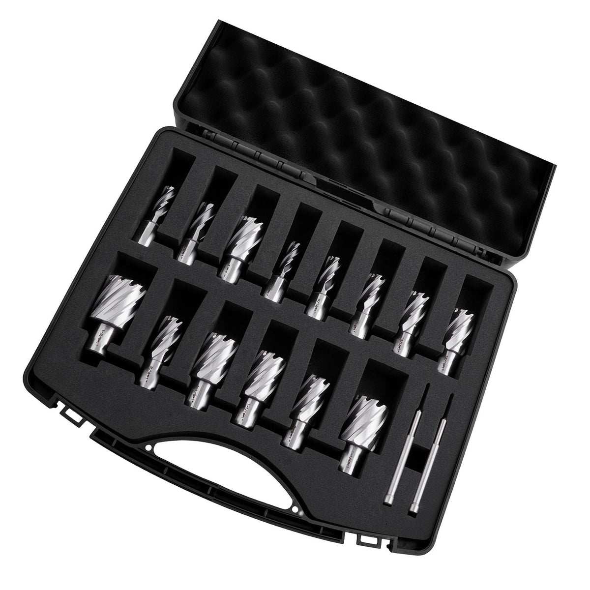 Annular Cutter Set, 16 pcs Weldon Shank Mag Drill Bits Kit, 1" Cutting Depth, 7/16" to 1-3/8" Cutting Diameter, HSS, 14 Drill Bits with 2 Pilot Pins, Plastic Case, for Magnetic Drills, Steel