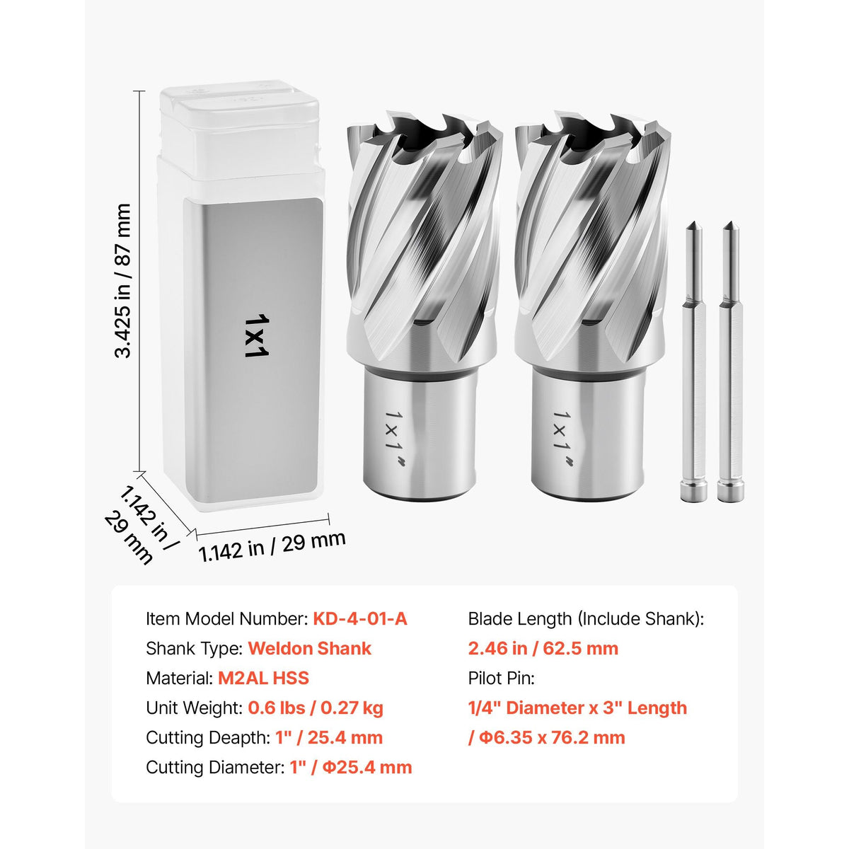 Annular Cutter Set, 4 pcs Weldon Shank Mag Drill Bits Kit, 1" Cutting Depth, 1" Cutting Diameter, HSS, 2 Drill Bits with 2 Pilot Pins and Plastic Cases, for Magnetic Drills, Steel, Aluminum