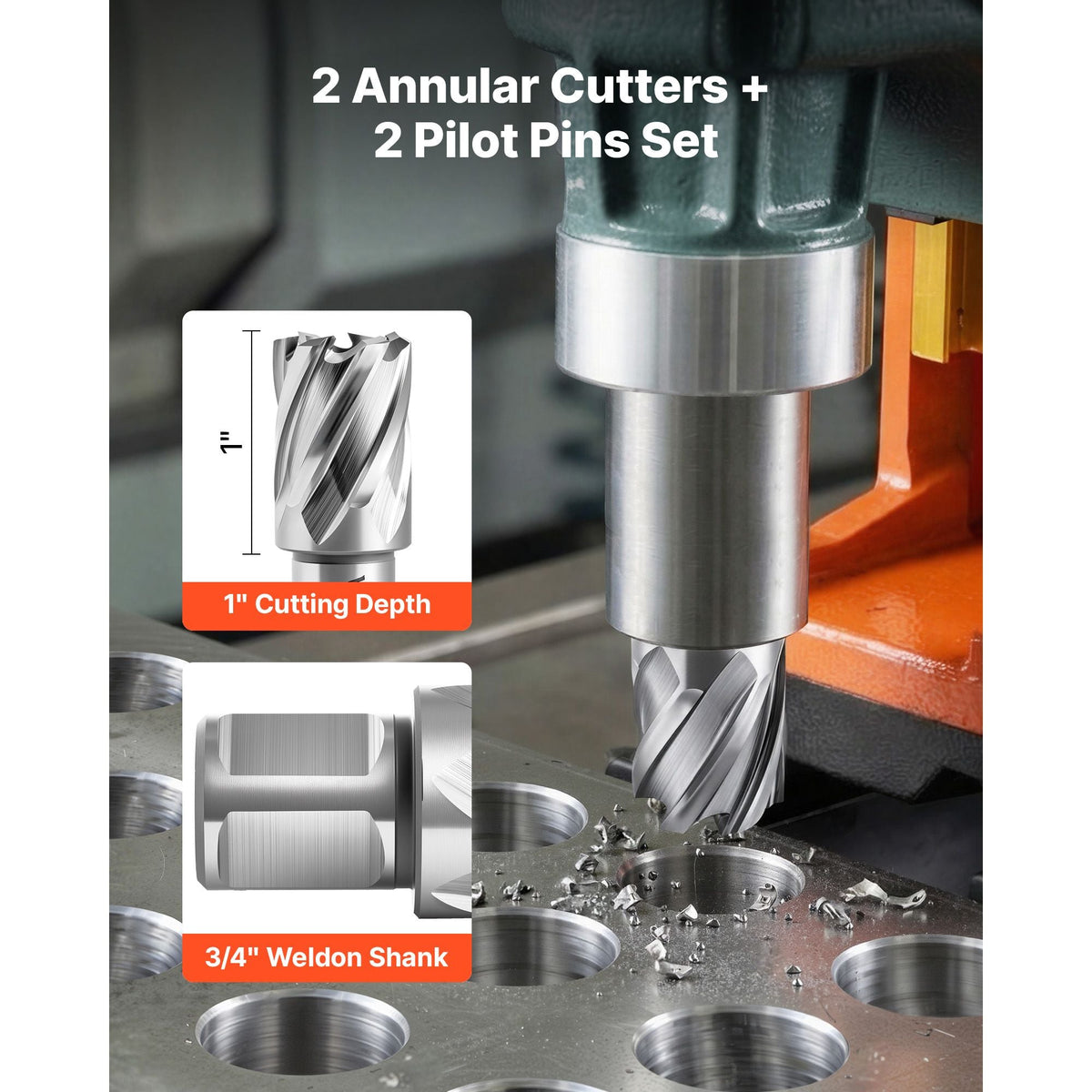 Annular Cutter Set, 4 pcs Weldon Shank Mag Drill Bits Kit, 1" Cutting Depth, 1" Cutting Diameter, HSS, 2 Drill Bits with 2 Pilot Pins and Plastic Cases, for Magnetic Drills, Steel, Aluminum