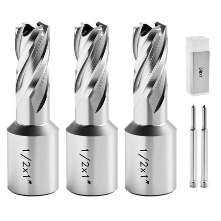 Annular Cutter Set, 5 pcs Weldon Shank Mag Drill Bits Kit, 1" Cutting Depth, 1/2", 5/8", 1" Cutting Diameter, HSS, 3 Drill Bits with 2 Pilot Pins and 3 Plastic Cases, for Magnetic Drills, Steel