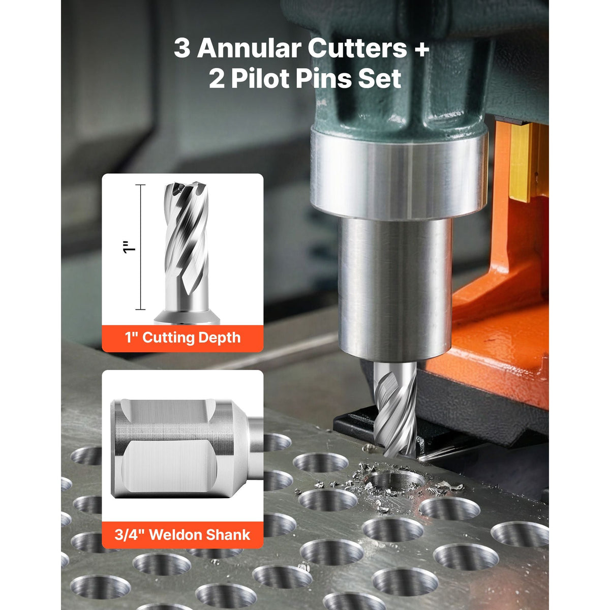 Annular Cutter Set, 5 pcs Weldon Shank Mag Drill Bits Kit, 1" Cutting Depth, 1/2" Cutting Diameter, HSS, 3 Drill Bits with 2 Pilot Pins and 3 Plastic Cases, for Magnetic Drills, Steel, Aluminum