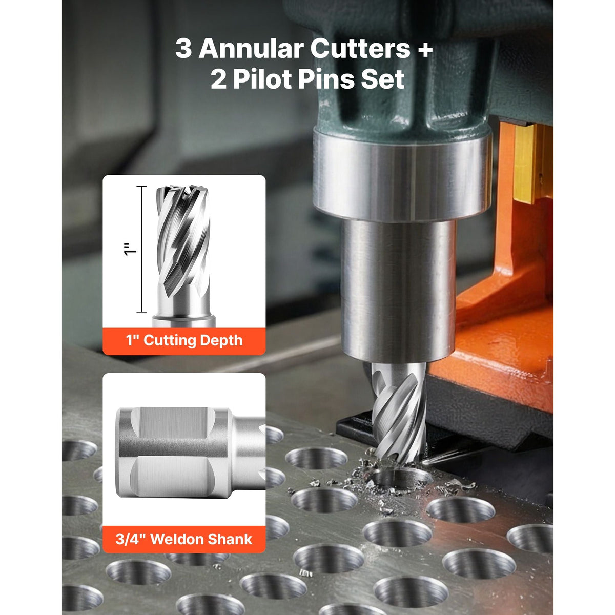 Annular Cutter Set, 5 pcs Weldon Shank Mag Drill Bits Kit, 1" Cutting Depth, 5/8" Cutting Diameter, HSS, 3 Drill Bits with 2 Pilot Pins and 3 Plastic Cases, for Magnetic Drills, Steel, Aluminum