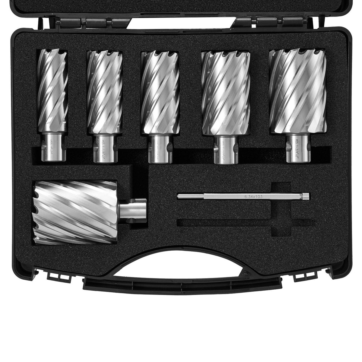 Annular Cutter Set, 6 pcs Universal Shank Mag Drill Bits, 1" to 2" Cutting Diameter, 2" Cutting Depth, M2AL High-Speed Steel, with 2 Pilot Pins and Portable Case, for Using with Magnetic Drills