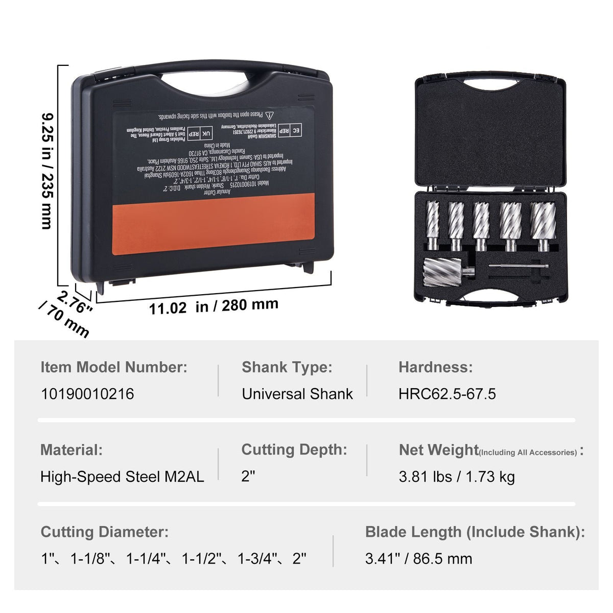 Annular Cutter Set, 6 pcs Universal Shank Mag Drill Bits, 1" to 2" Cutting Diameter, 2" Cutting Depth, M2AL High-Speed Steel, with 2 Pilot Pins and Portable Case, for Using with Magnetic Drills