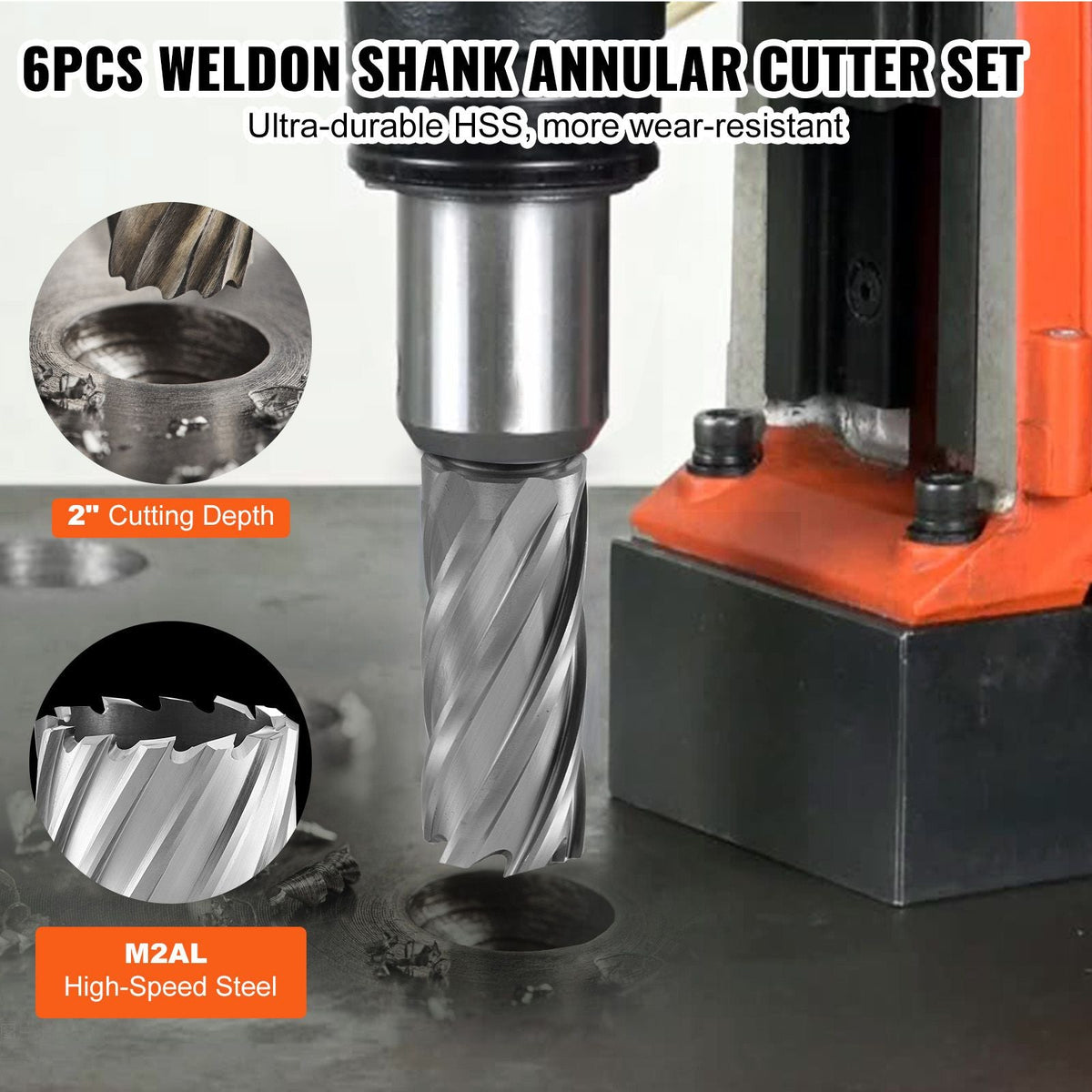 Annular Cutter Set, 6 pcs Universal Shank Mag Drill Bits, 1" to 2" Cutting Diameter, 2" Cutting Depth, M2AL High-Speed Steel, with 2 Pilot Pins and Portable Case, for Using with Magnetic Drills