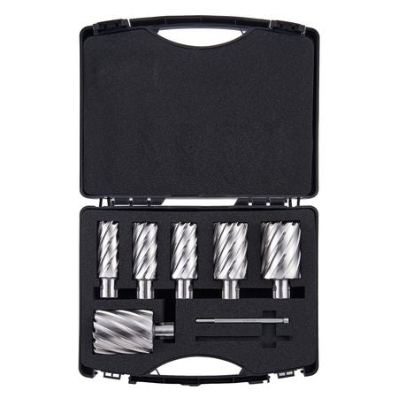 Annular Cutter Set, 6 pcs Universal Shank Mag Drill Bits, 1" to 2" Cutting Diameter, 2" Cutting Depth, M2AL High-Speed Steel, with 2 Pilot Pins and Portable Case, for Using with Magnetic Drills