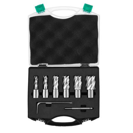 Annular Cutter Set, 6 pcs Weldon Shank Mag Drill Bits, 1/2" to 1-1/16" Cutting Diameter, 1" Cutting Depth, M2AL High-Speed Steel, with Pilot Pin and Portable Case, for Using with Magnetic Drills