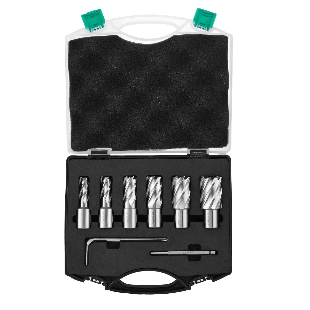 Annular Cutter Set, 6 pcs Weldon Shank Mag Drill Bits, 1/2" to 1-1/16" Cutting Diameter, 1" Cutting Depth, M2AL High-Speed Steel, with Pilot Pin and Portable Case, for Using with Magnetic Drills