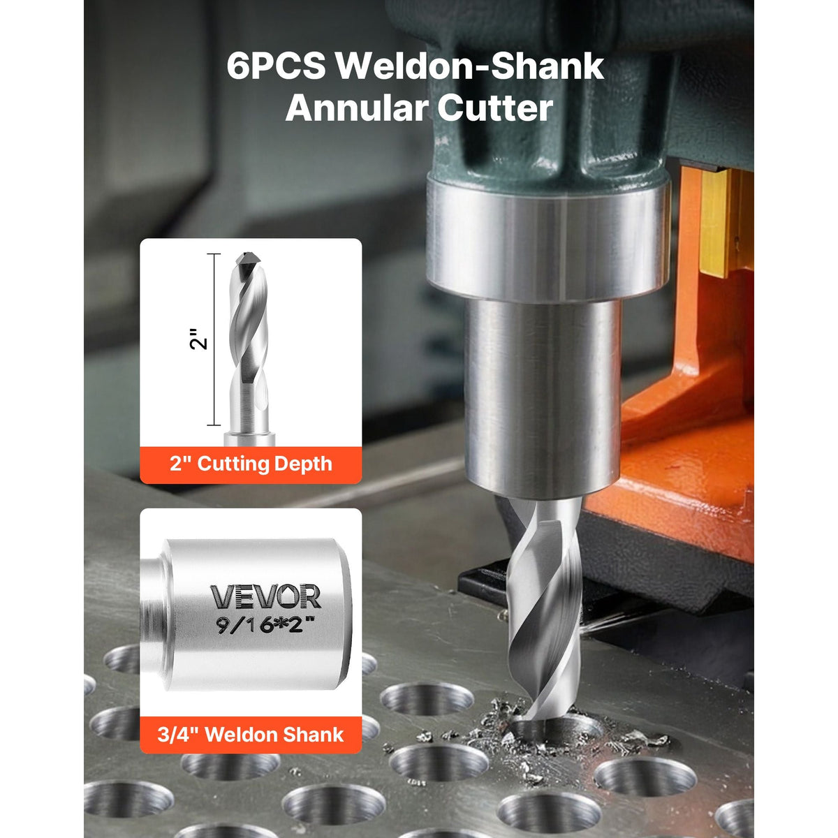 Annular Cutter Set, 6 pcs Weldon Shank Mag Drill Bits Kit, 2" Cutting Depth,1/4" to 9/16" Cutting Diameter, HSS, 6 Drill Bits with Plastic Case, for Magnetic Drills, Steel, Aluminum, Copper