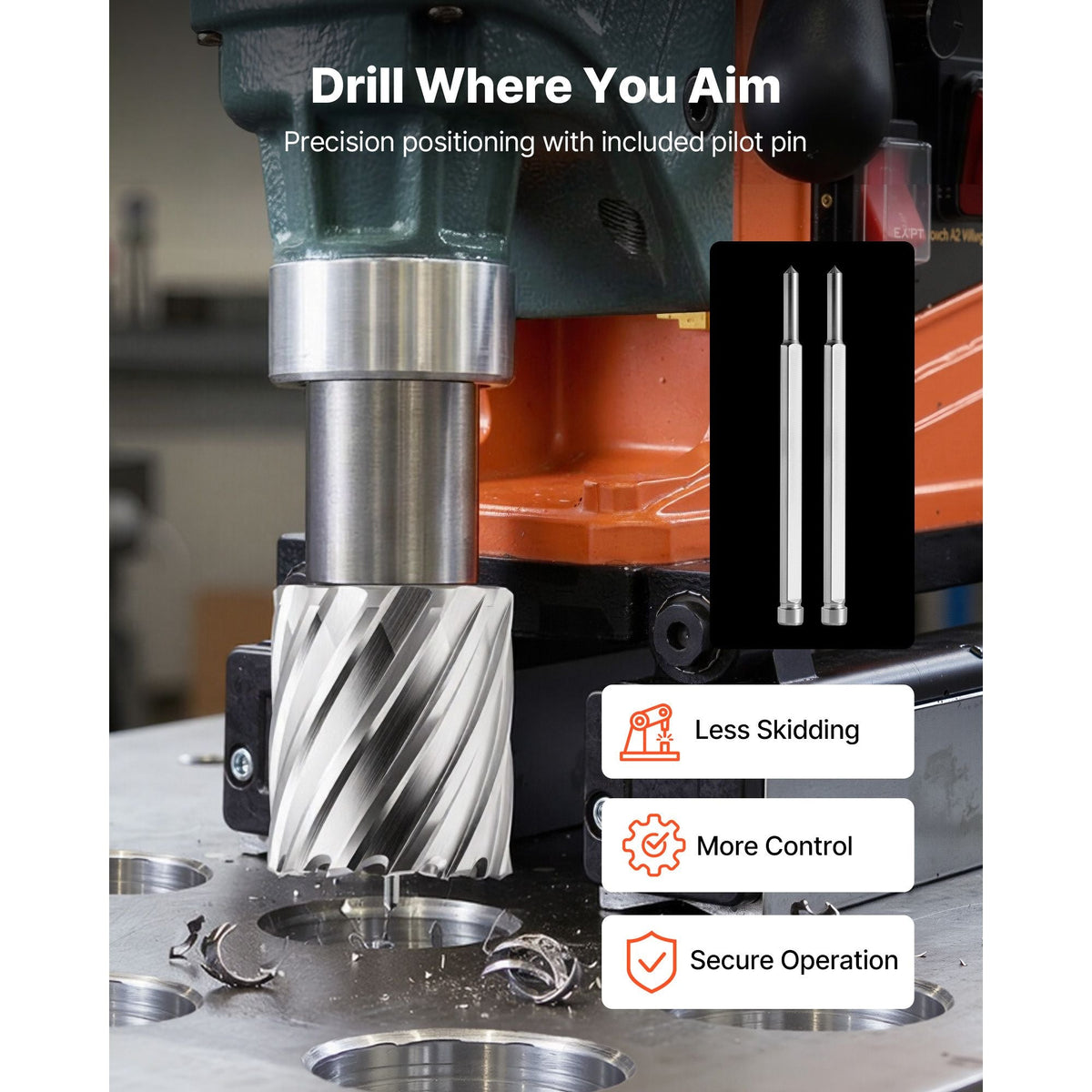 Annular Cutter Set, 8 pcs Weldon Shank Mag Drill Bits Kit, 2" Cutting Depth, 7/8" to 2" Cutting Diameter, HSS, 6 Drill Bits with 2 Pilot Pins, Plastic Case, for Magnetic Drills, Steel, Aluminum