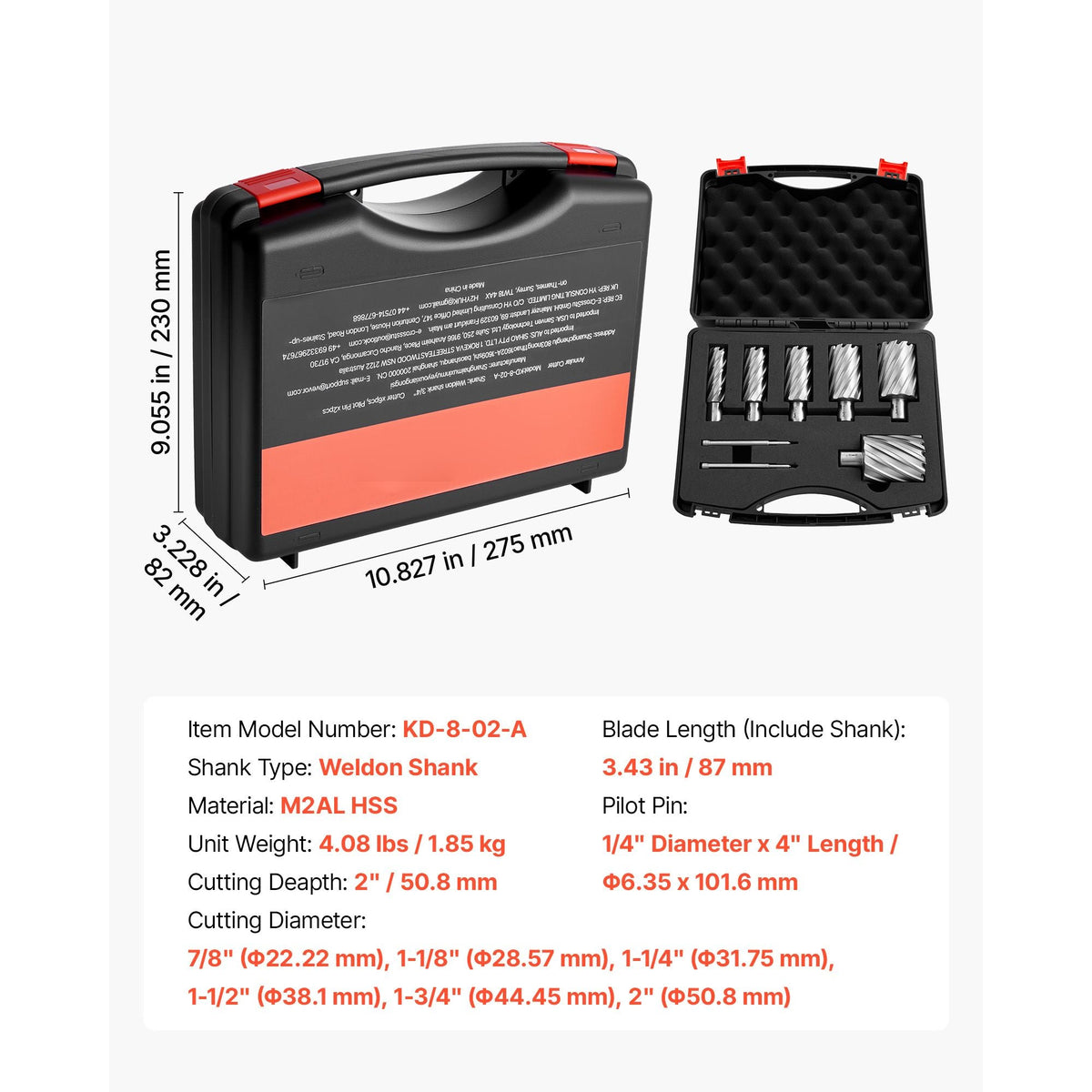 Annular Cutter Set, 8 pcs Weldon Shank Mag Drill Bits Kit, 2" Cutting Depth, 7/8" to 2" Cutting Diameter, HSS, 6 Drill Bits with 2 Pilot Pins, Plastic Case, for Magnetic Drills, Steel, Aluminum