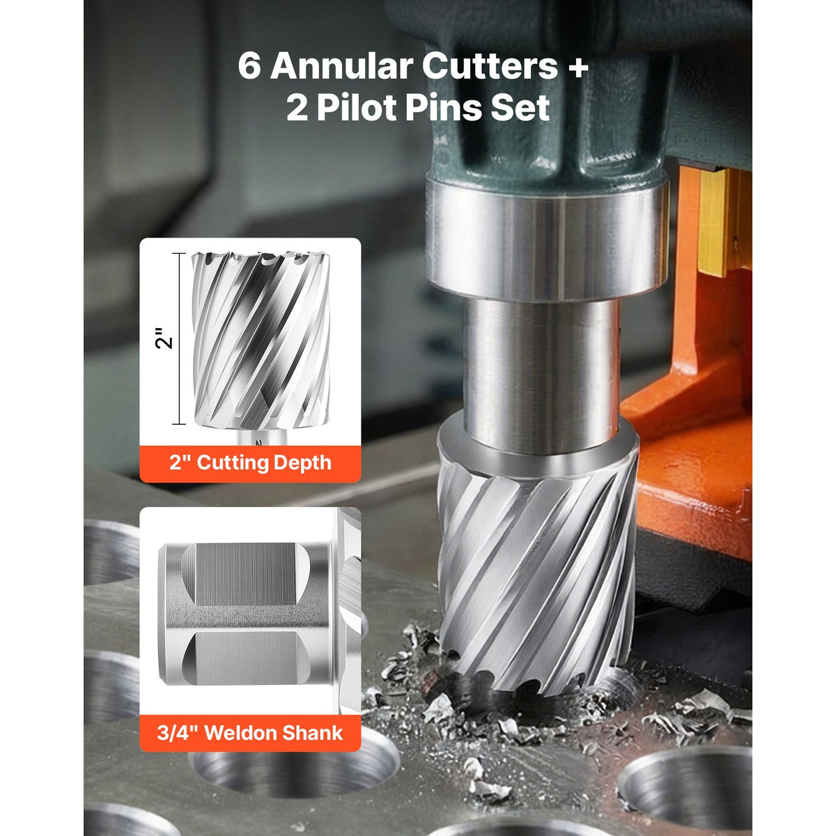 Annular Cutter Set, 8 pcs Weldon Shank Mag Drill Bits Kit, 2" Cutting Depth, 7/8" to 2" Cutting Diameter, HSS, 6 Drill Bits with 2 Pilot Pins, Plastic Case, for Magnetic Drills, Steel, Aluminum