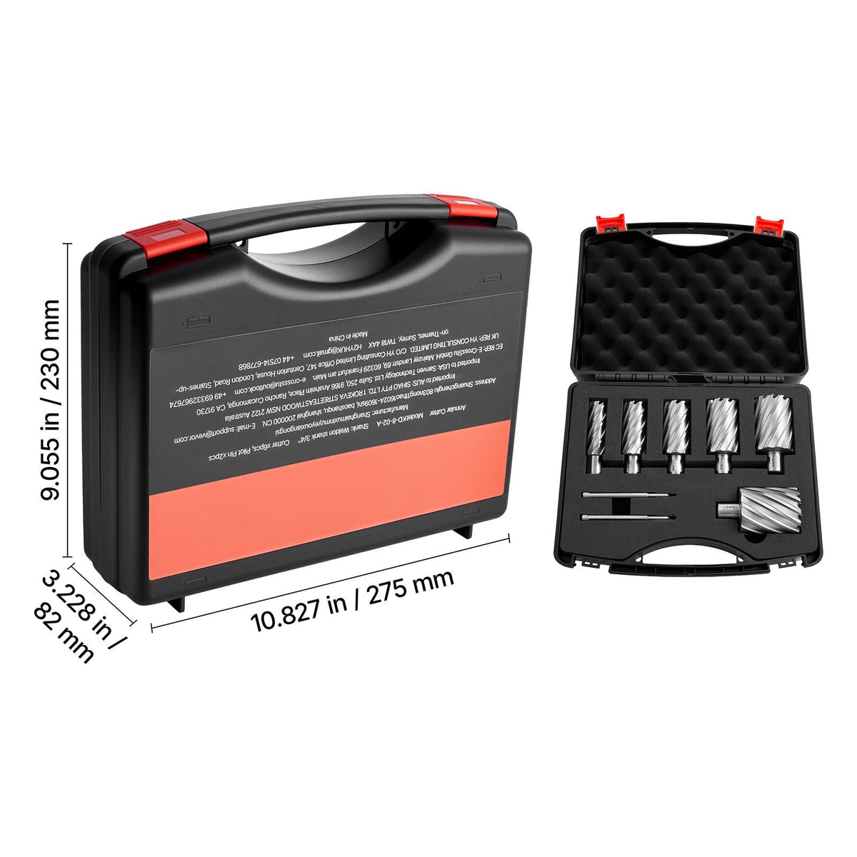 Annular Cutter Set, 8 pcs Weldon Shank Mag Drill Bits Kit, 2" Cutting Depth, 7/8" to 2" Cutting Diameter, HSS, 6 Drill Bits with 2 Pilot Pins, Plastic Case, for Magnetic Drills, Steel, Aluminum