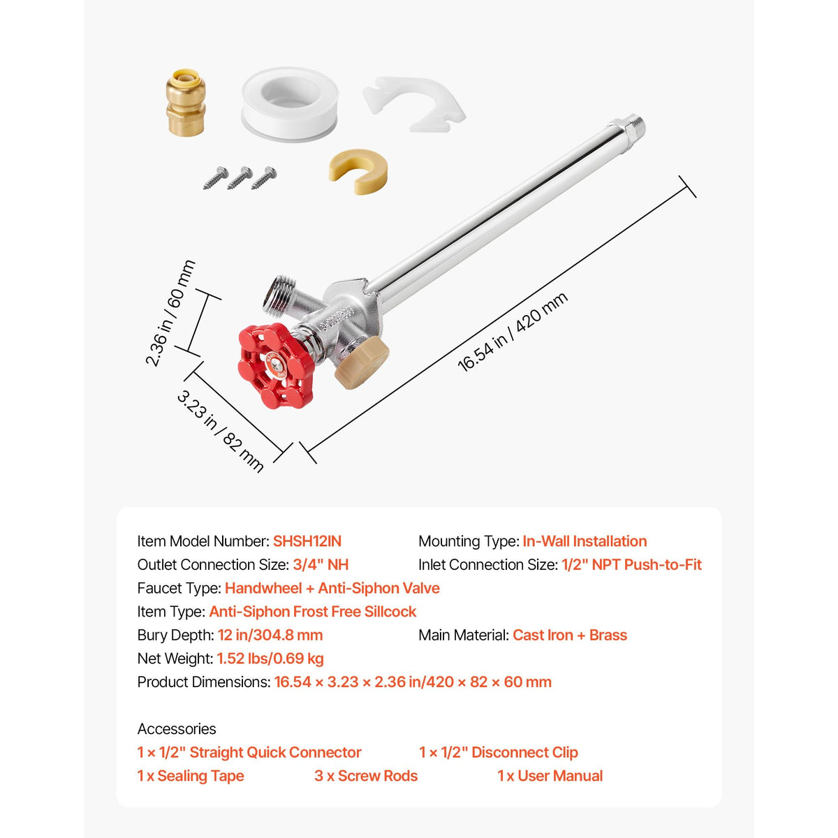 Anti-Siphon Frost-Proof Sillcock, 12" Freeze Proof Outdoor Faucet Bib with Backflow Preventer, 1/2" Push-to-Fit Connector X 3/4" Hose Bibb, No Lead Frost-free Spigot for PEX Copper CPVC Pipes