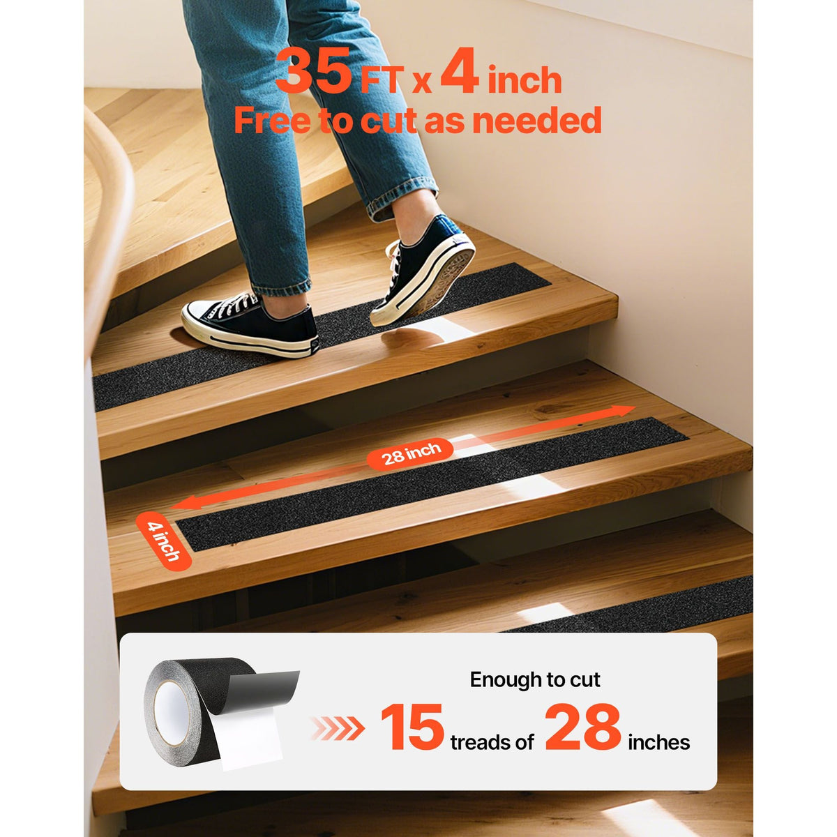 Anti-Slip Tape, 35 FT x 4 inch Non Slip Grip Tape for Stairs Steps, 80-Grit Aluminum Oxide High Traction Non-Skid Stair Treads with Strong Adhesive Backing, Suitable for Indoor & Outdoor Use
