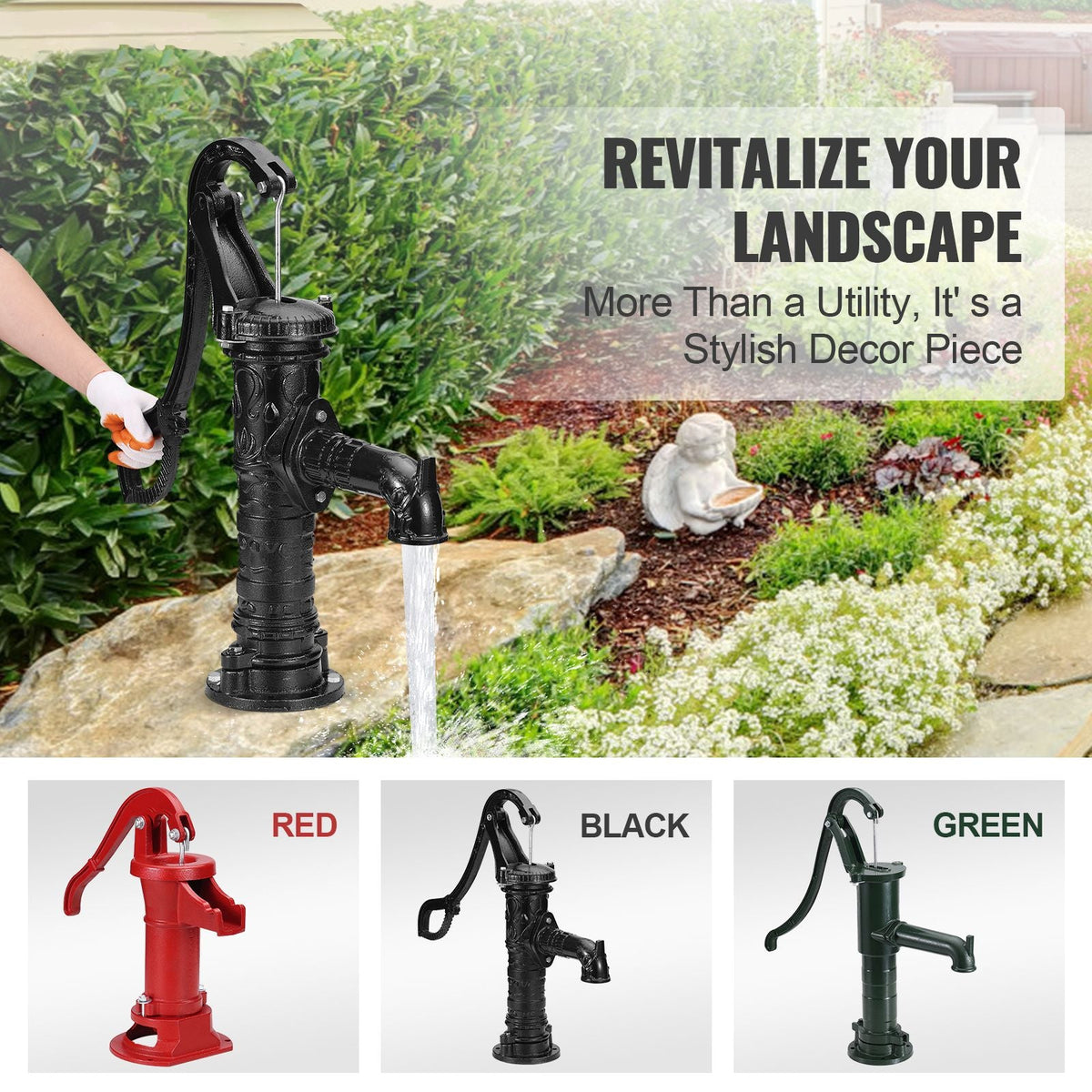 Antique Well Hand Pitcher Pump, 22ft Maximum Lift, Cast Iron Manual Hand Water Pump with Ergonomic Handle NPT1-1/4" Easy Installation, Old Fashioned for Outdoor Home Yard Garden Pond Farm, Black