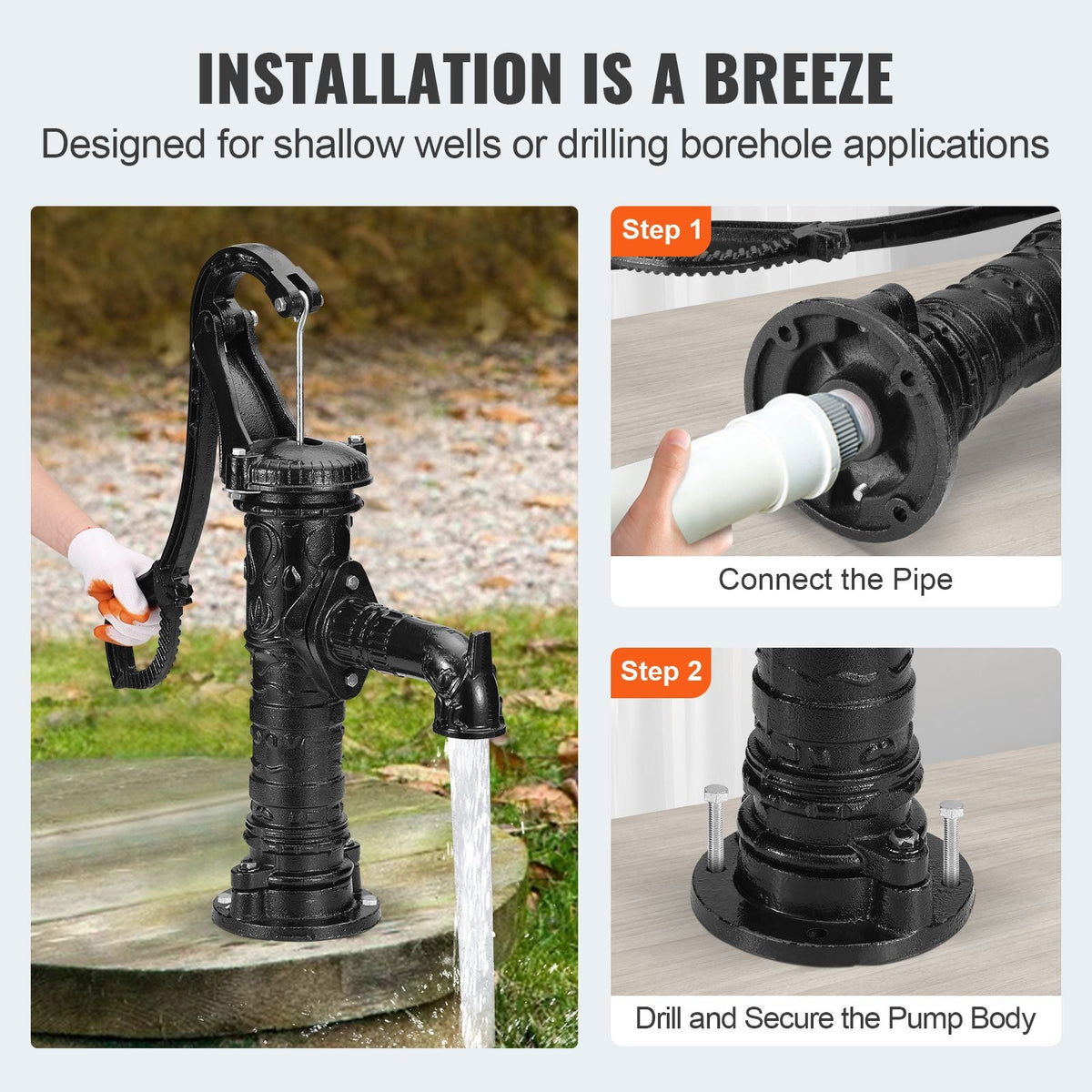 Antique Well Hand Pitcher Pump, 22ft Maximum Lift, Cast Iron Manual Hand Water Pump with Ergonomic Handle NPT1-1/4" Easy Installation, Old Fashioned for Outdoor Home Yard Garden Pond Farm, Black
