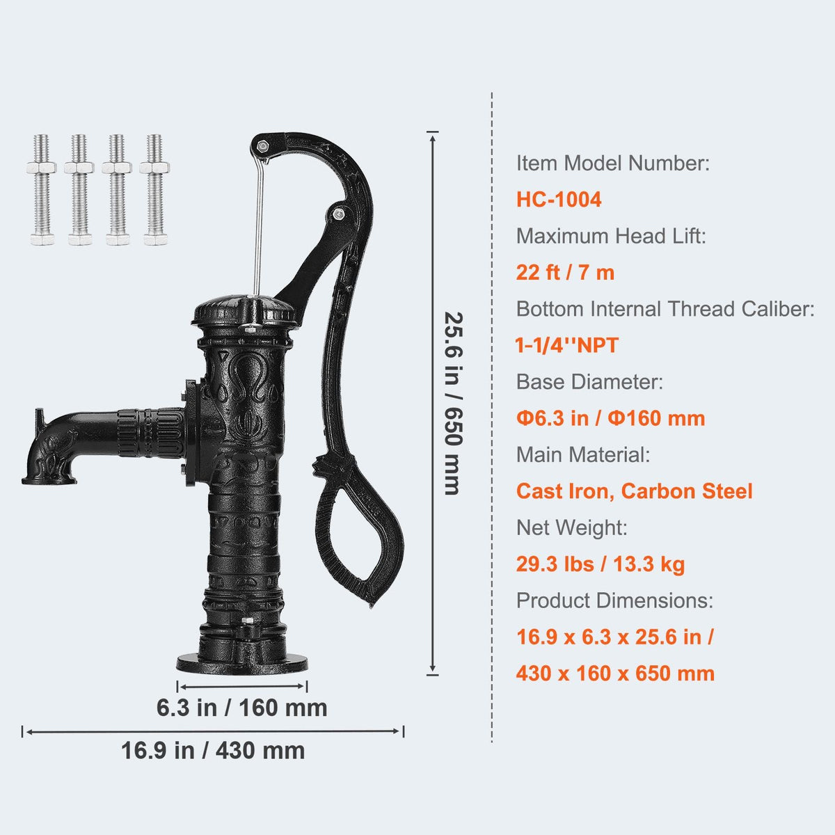 Antique Well Hand Pitcher Pump, 22ft Maximum Lift, Cast Iron Manual Hand Water Pump with Ergonomic Handle NPT1-1/4" Easy Installation, Old Fashioned for Outdoor Home Yard Garden Pond Farm, Black