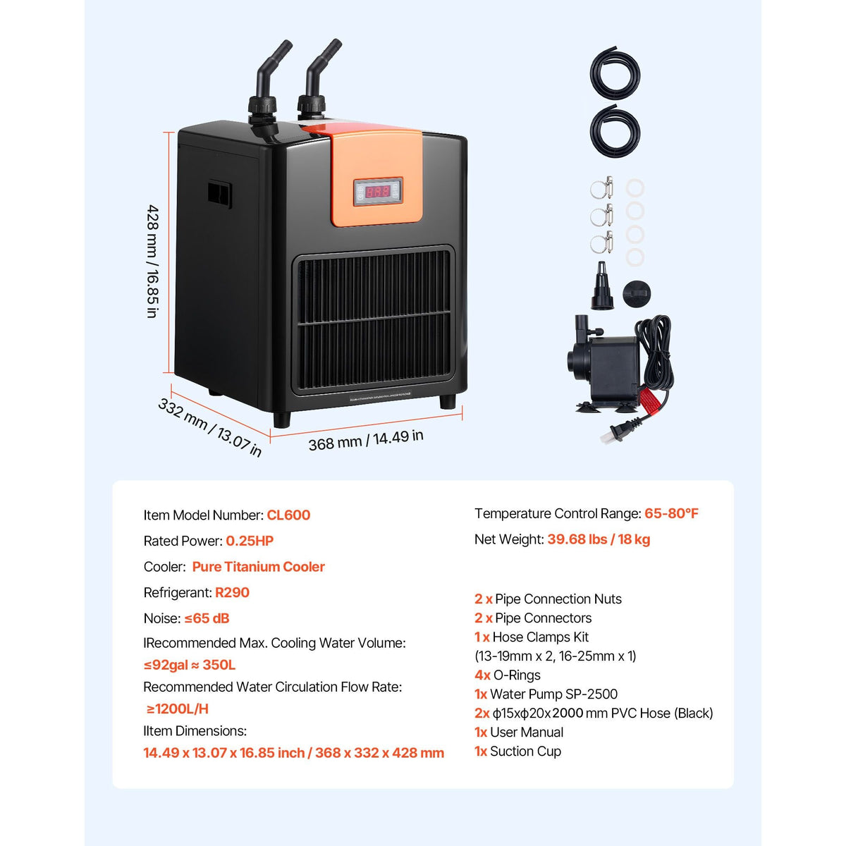 Aquarium Chiller 92 Gallon, 1/4 HP Water Chiller for Hydroponics, Fast Cooling for Fish Tank,Axolotl,Coral Reef,Quiet Refrigeration Compressor, Titanium Evaporator,Complete Fittings