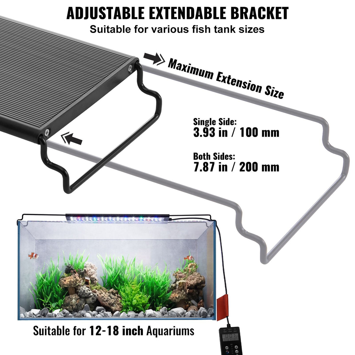 Aquarium Light with LCD Monitor, 14W Full Spectrum Fish Tank Light with 24/7 Natural Mode, Adjustable Brightness & Timer - Aluminum Alloy Shell Extendable Brackets for 12"-18" Freshwater Tank