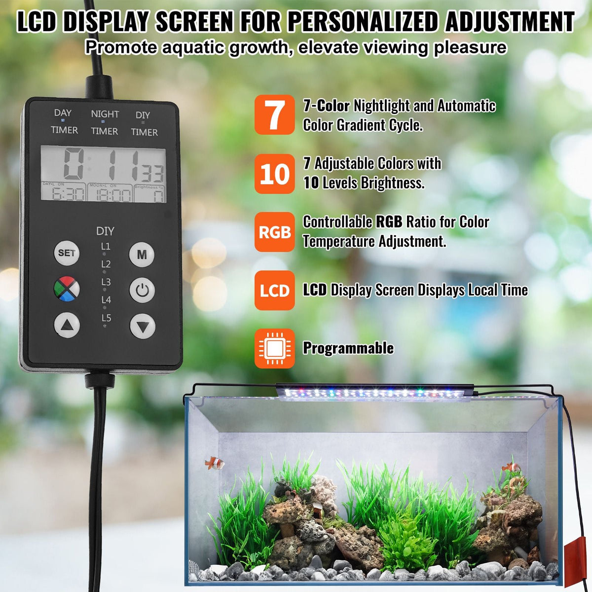 Aquarium Light with LCD Monitor, 14W Full Spectrum Fish Tank Light with 24/7 Natural Mode, Adjustable Brightness & Timer - Aluminum Alloy Shell Extendable Brackets for 12"-18" Freshwater Tank