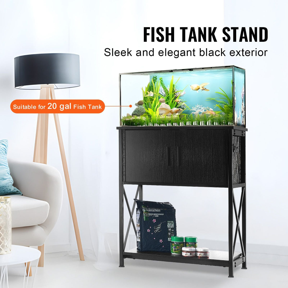 Aquarium Stand, 20 Gallon Fish Tank Stand, 25.6 x 16.5 x 31.9 in Steel and MDF Turtle Tank Stand, 167.6 lbs Load Capacity, Reptile Tank Stand with Storage Cabinet and Embedded Power Panel, Black