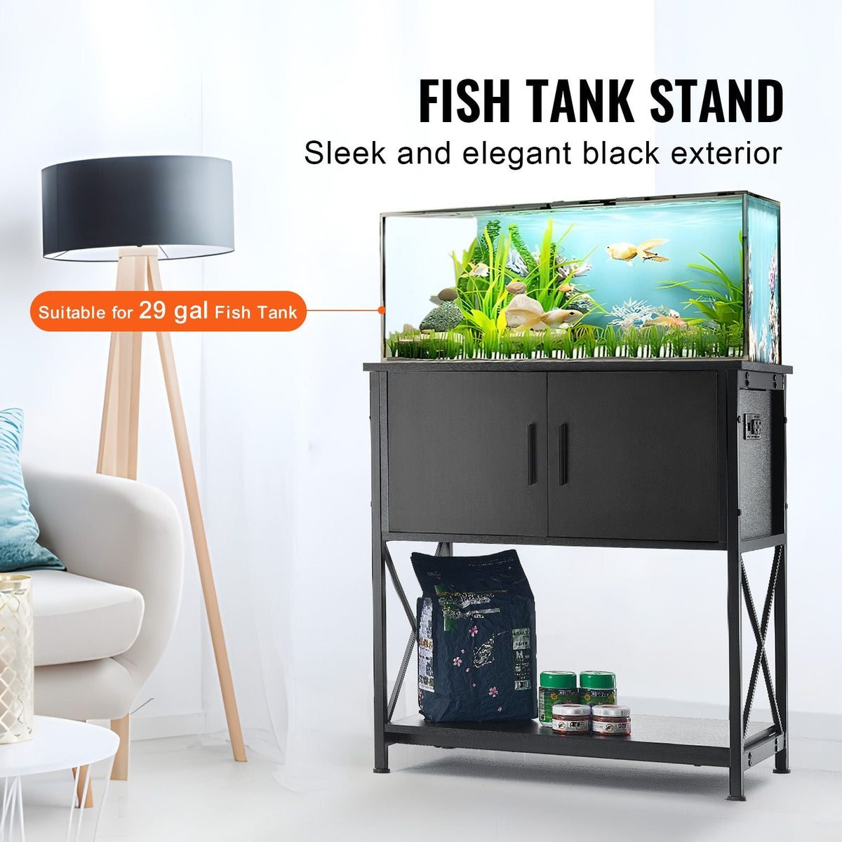 Aquarium Stand, 29 Gallon Fish Tank Stand, 28.7 x 16.5 x 30 in Steel and MDF Turtle Tank Stand, 242.5 lbs Load Capacity, Reptile Tank Stand with Storage Cabinet and Embedded Power Panel, Black