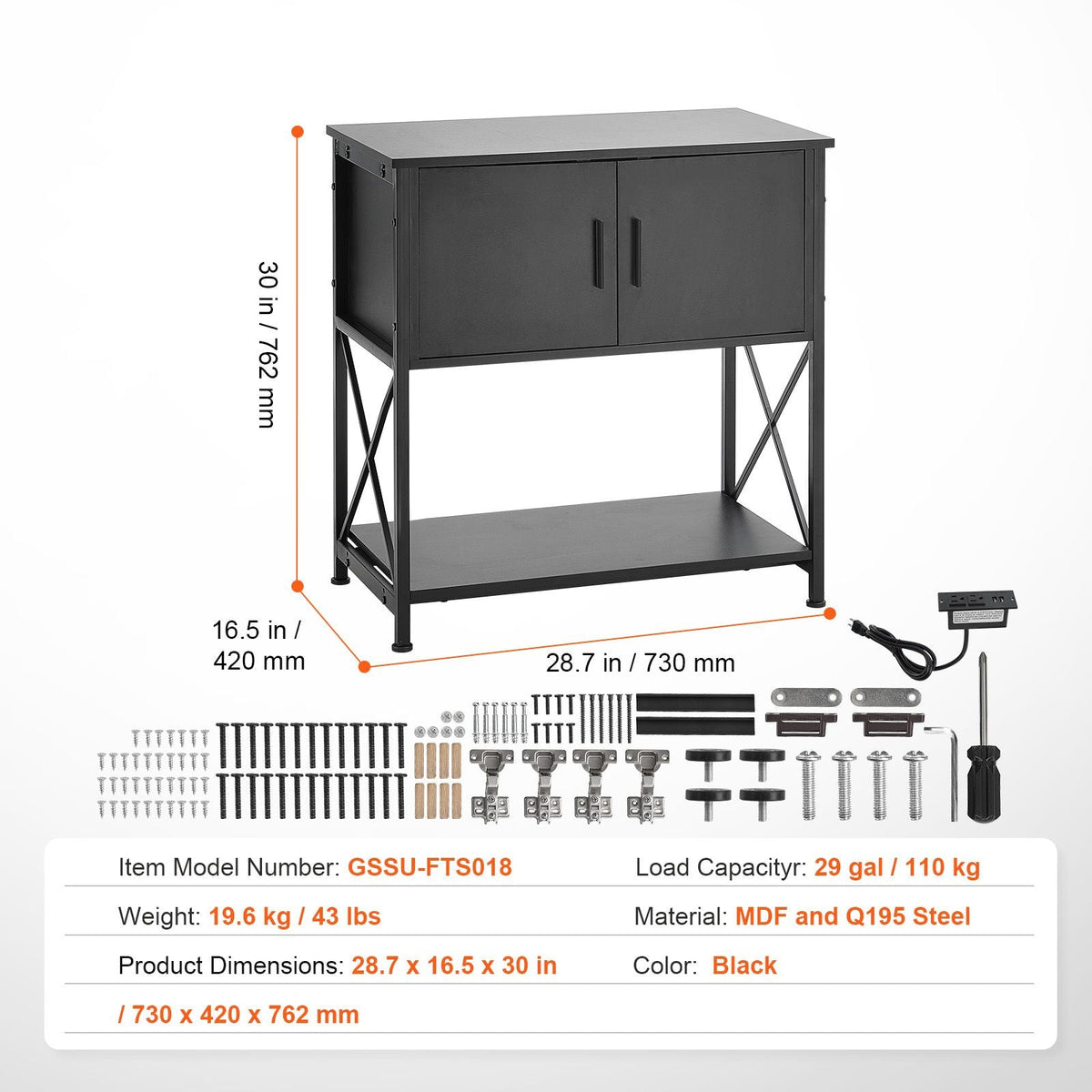 Aquarium Stand, 29 Gallon Fish Tank Stand, 28.7 x 16.5 x 30 in Steel and MDF Turtle Tank Stand, 242.5 lbs Load Capacity, Reptile Tank Stand with Storage Cabinet and Embedded Power Panel, Black