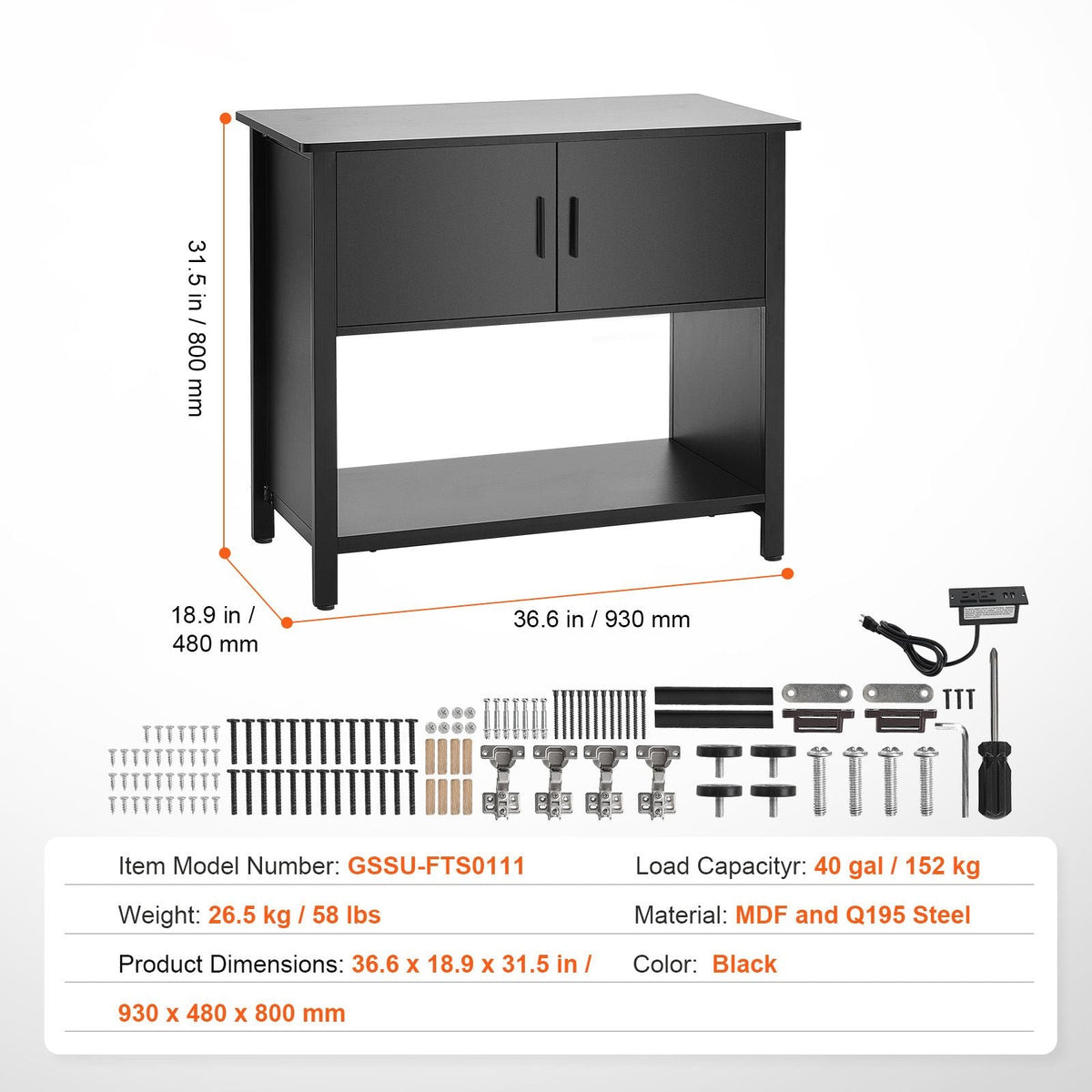 Aquarium Stand, 40 Gallon Fish Tank Stand, 36.6 x 18.9 x 31.5 in Steel and MDF Turtle Tank Stand, 335 lbs Load Capacity, Reptile Tank Stand with Storage Cabinet and Embedded Power Panel, Black