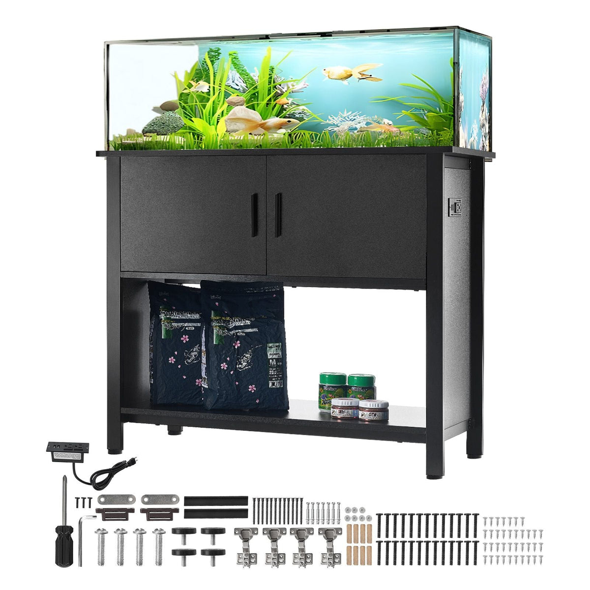 Aquarium Stand, 40 Gallon Fish Tank Stand, 36.6 x 18.9 x 31.5 in Steel and MDF Turtle Tank Stand, 335 lbs Load Capacity, Reptile Tank Stand with Storage Cabinet and Embedded Power Panel, Black