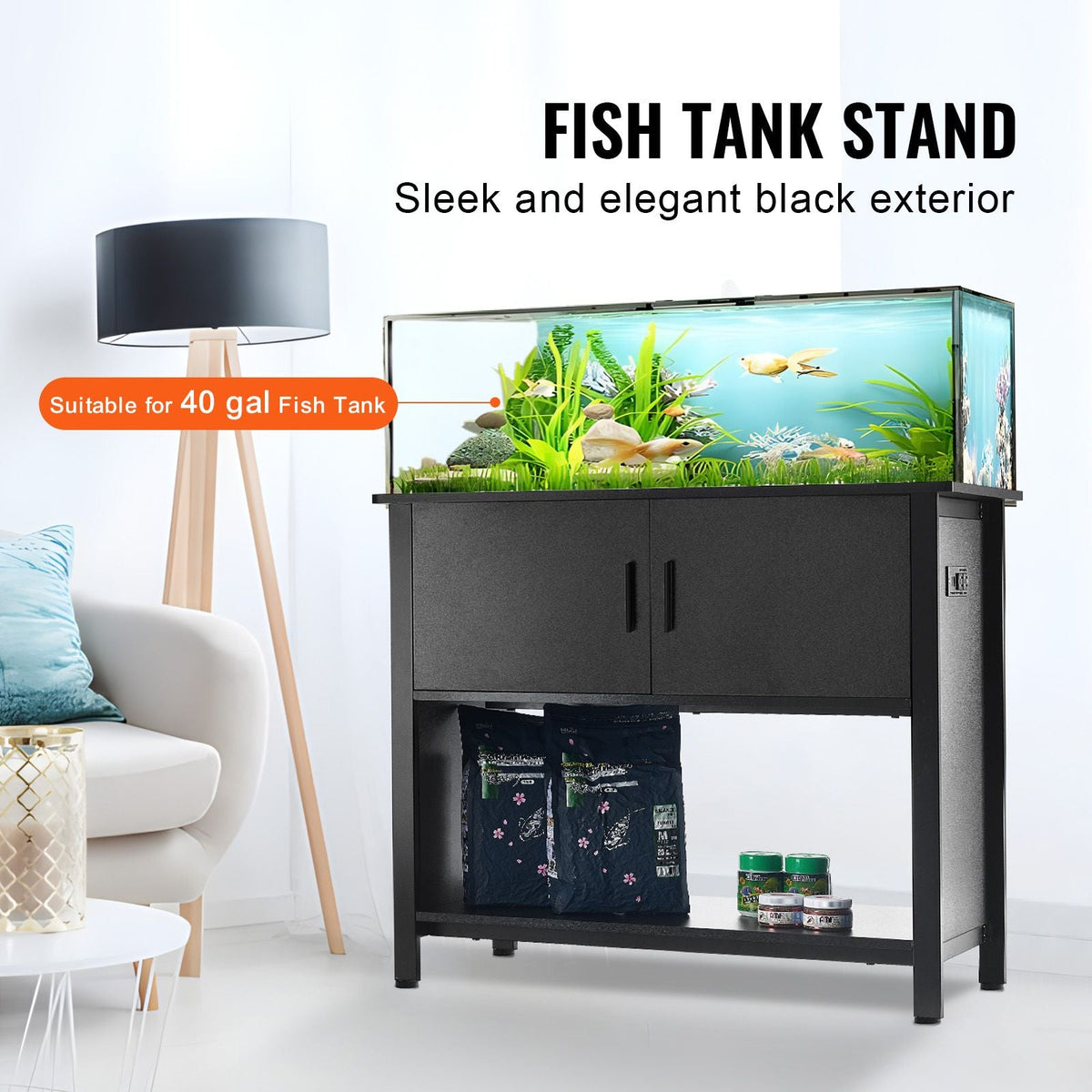 Aquarium Stand, 40 Gallon Fish Tank Stand, 36.6 x 18.9 x 31.5 in Steel and MDF Turtle Tank Stand, 335 lbs Load Capacity, Reptile Tank Stand with Storage Cabinet and Embedded Power Panel, Black
