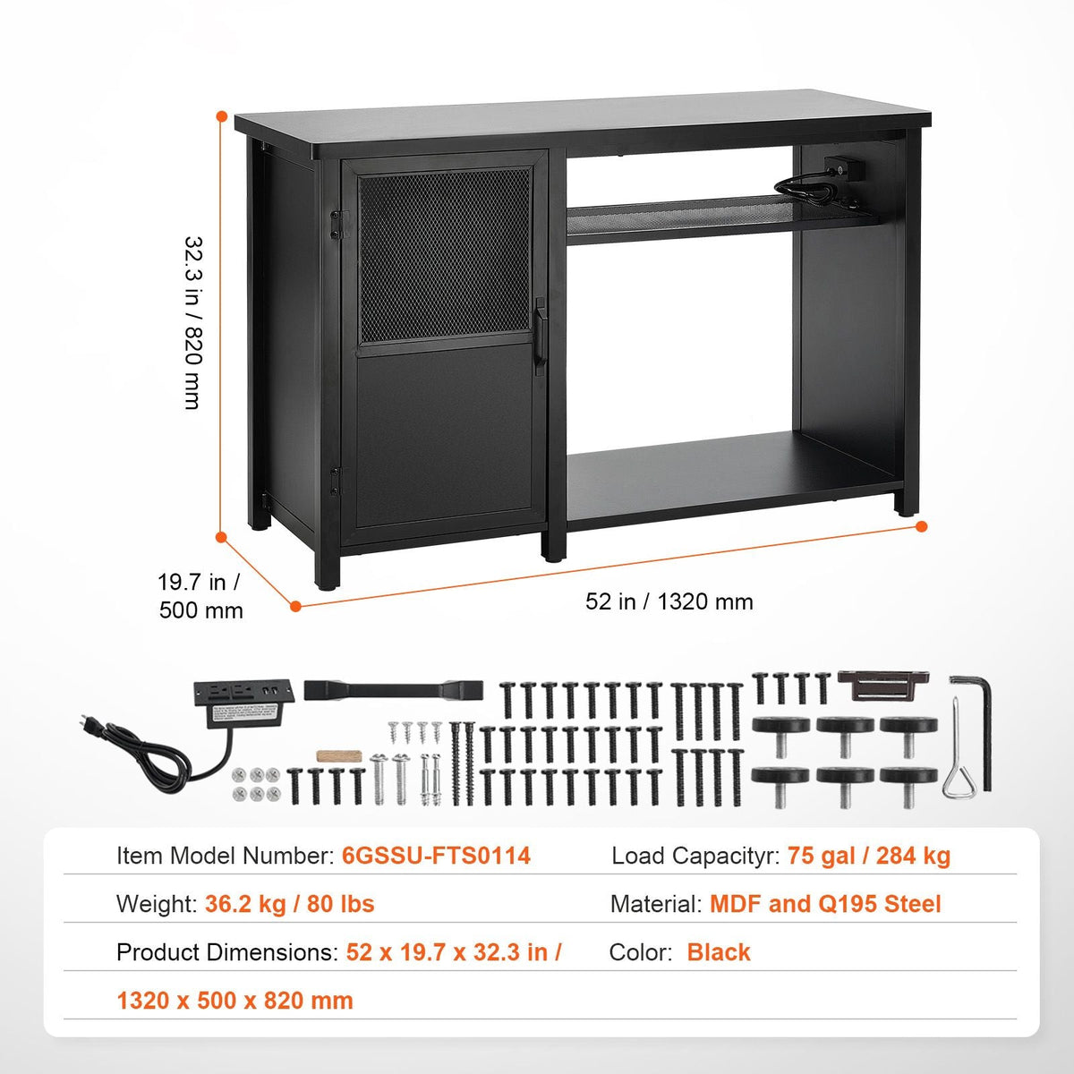 Aquarium Stand, 75 Gallon Fish Tank Stand, 52 x 19.7 x 32.3 in Steel and MDF Turtle Tank Stand, 626 lbs Load Capacity, Reptile Tank Stand with Storage Cabinet and Embedded Power Panel, Black
