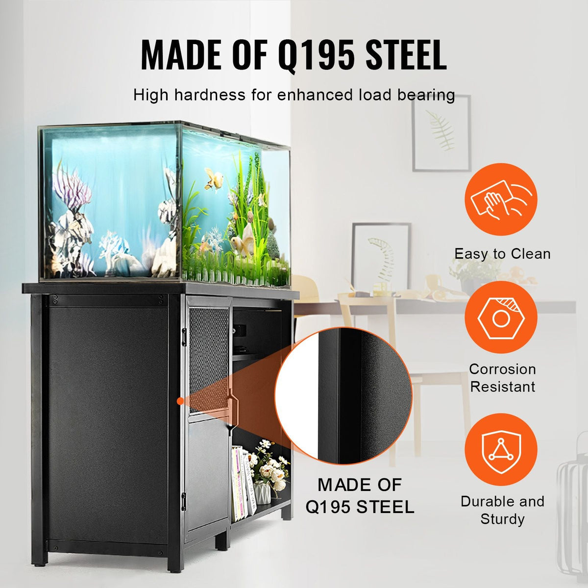 Aquarium Stand, 75 Gallon Fish Tank Stand, 52 x 19.7 x 32.3 in Steel and MDF Turtle Tank Stand, 626 lbs Load Capacity, Reptile Tank Stand with Storage Cabinet and Embedded Power Panel, Black