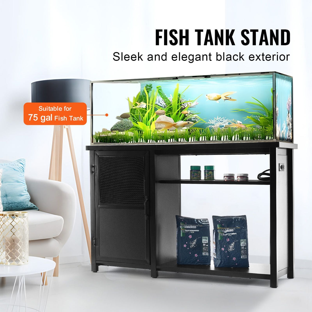 Aquarium Stand, 75 Gallon Fish Tank Stand, 52 x 19.7 x 32.3 in Steel and MDF Turtle Tank Stand, 626 lbs Load Capacity, Reptile Tank Stand with Storage Cabinet and Embedded Power Panel, Black