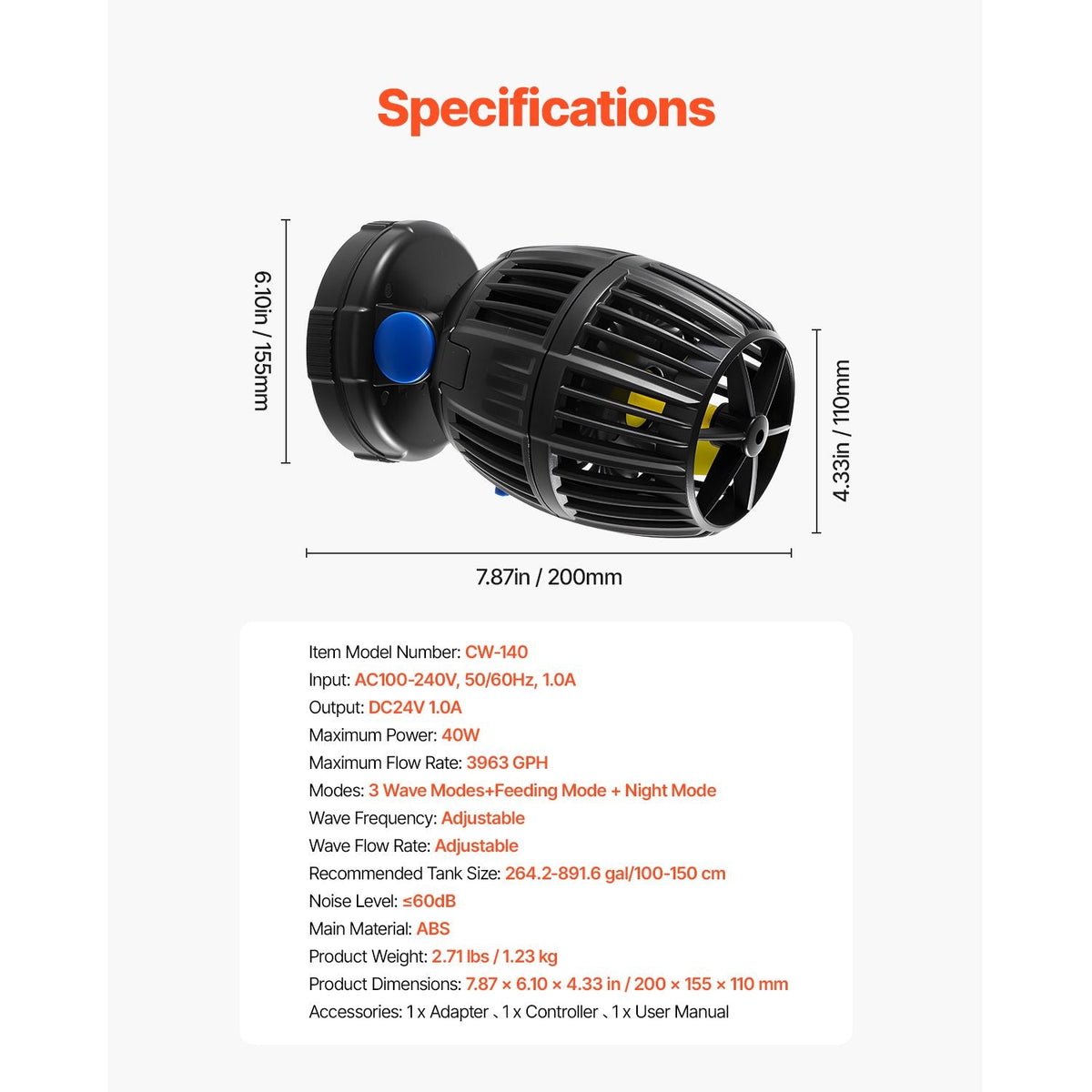 Aquarium Wave Maker, 40W, 3963 GPH Quiet and Strong DC Powerhead, Adjustable Fish Tank Circulation Pump with Controller, Strong Magnetic Base, 360° Rotating Wavemaker, for Freshwater Saltwater