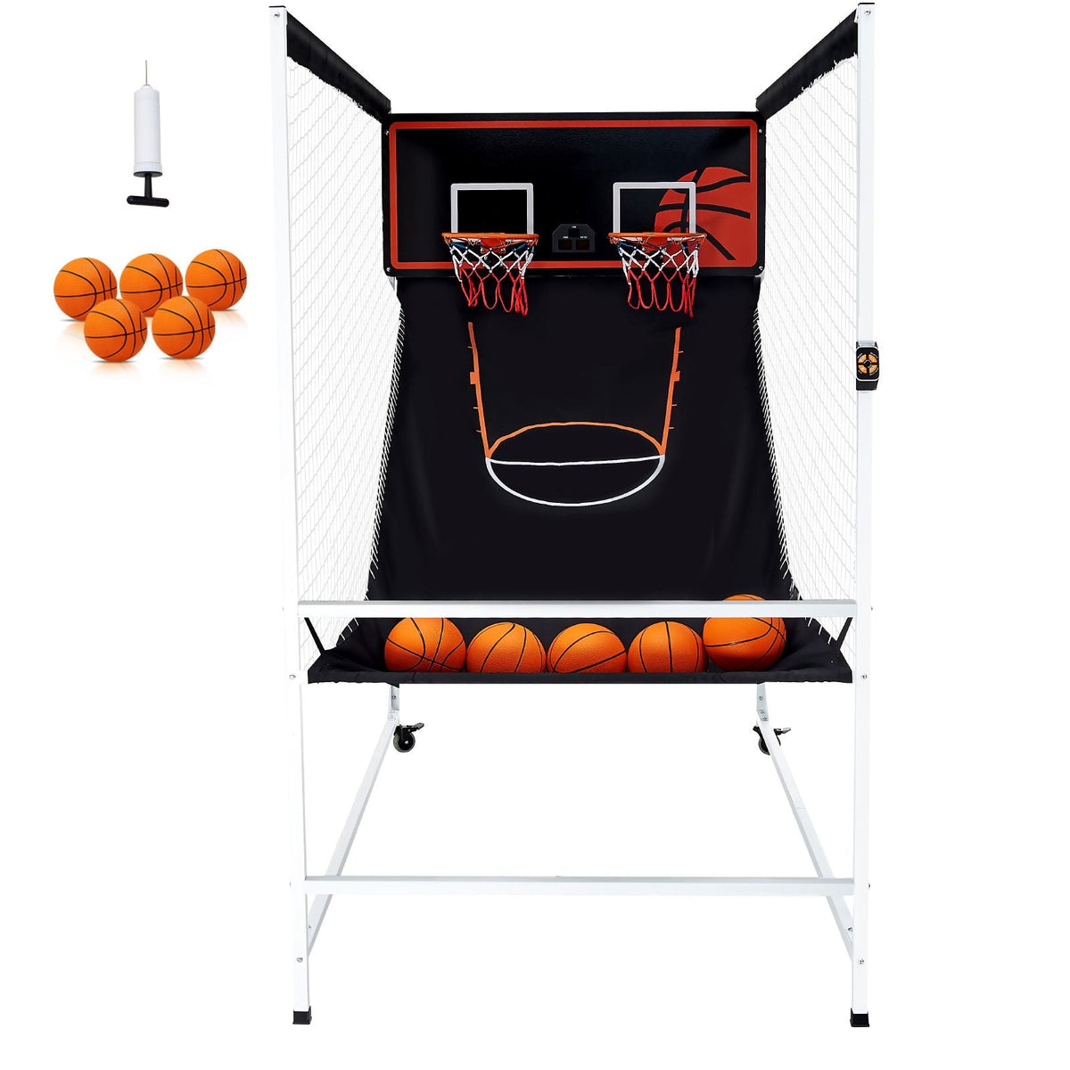 Arcade Cage Basketball Game, 2 Player Indoor Basketball Game, Home Dual Shot Sport with 5 Balls, 8 Game Modes, Electronic Scoreboard, and Inflation Pump, for Kids, Adults (Black & White)