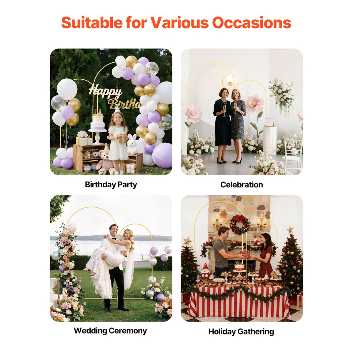 Arch Backdrop Stand, Set of 2, 7.2 ft and 6 ft, Stable Structure, Easy Assembly, Gold Metal Arch Backdrop Stand for Wedding, Birthday Party, Graduation, Celebration, and Ceremony Decoration
