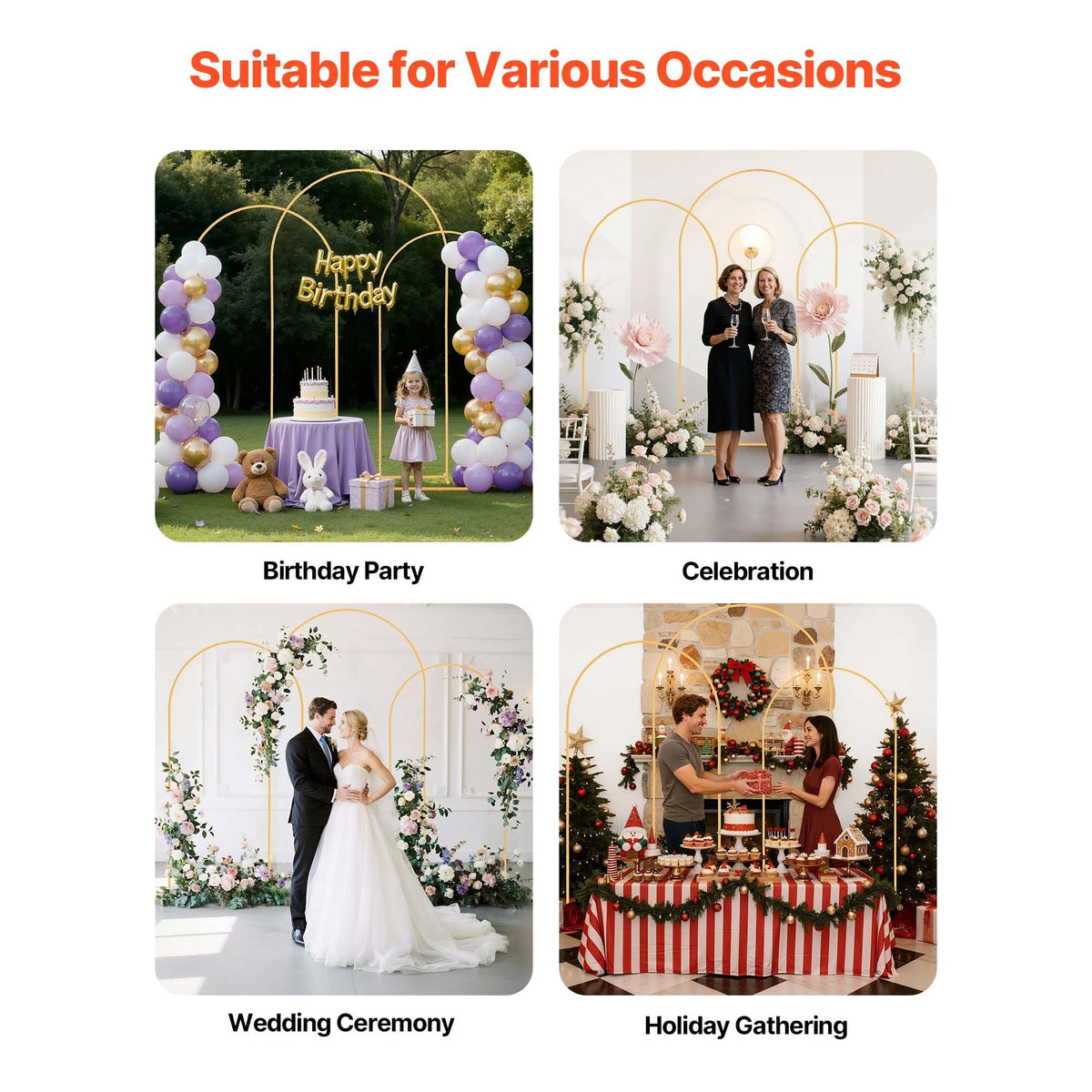 Arch Backdrop Stand, Set of 3, 8/7.2/6.6 ft, Stable Structure, Easy Assembly, Gold Metal Arch Backdrop Stand for Wedding, Birthday Party, Graduation, Holiday Celebration, and Ceremony Decoration