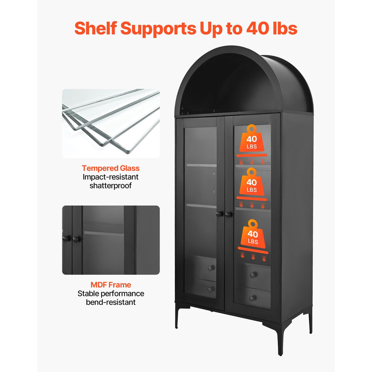 Arched Display Cabinet with Glass Doors, 70 in Tall Curio Cabinet, 4-Tier Display Case with 2 Adjustable Shelves, Bookcase Bookshelf for Collectibles Storage Bedroom Living Room Office