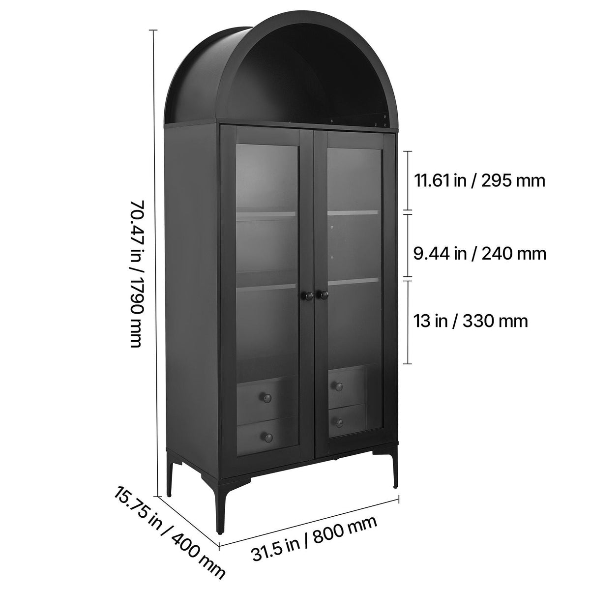 Arched Display Cabinet with Glass Doors, 70 in Tall Curio Cabinet, 4-Tier Display Case with 2 Adjustable Shelves, Bookcase Bookshelf for Collectibles Storage Bedroom Living Room Office