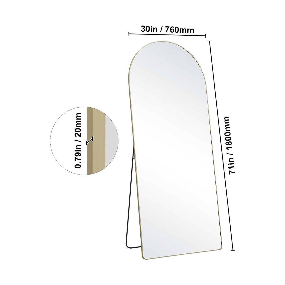 Arched Full Length Mirror, 71'' x 30'', Large Free Standing Leaning Hanging Wall Mounted Floor Mirror with Stand Aluminum Alloy Frame, Full Body Dressing Mirror for Living Room Bedroom, Black